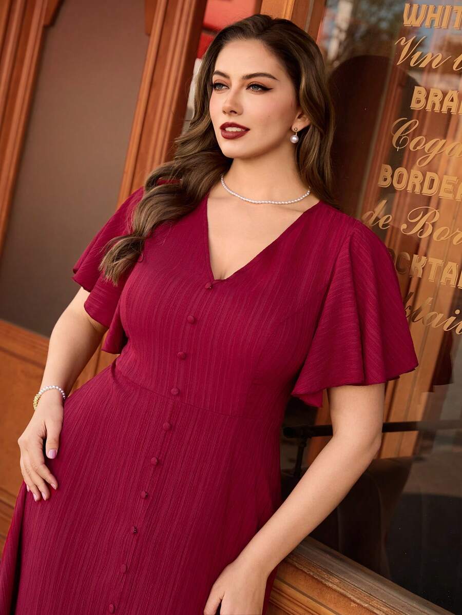 Auvina Elegant V-Neck Ruffle Sleeve Plus Size Women Solid Color Split Hem Dress - Burgundy - View 1