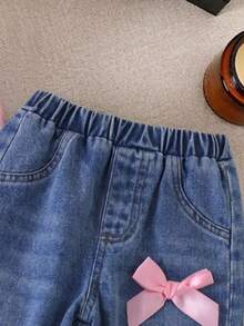 SHEIN 2pcs/Set Baby Girl Spring&Summer Casual Style, Top &Heart-Shape Embroidery Long Pants Denim Set - Baby Pink - View 5