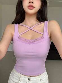 DAZY 女士纯色撞色蕾丝交叉设计休闲背心夏季 - 淡紫色 - 查看 6