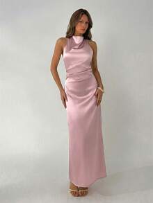 Aloruh Women's Green Draped Neck Tie-Waist Ruched Backless Dress, Spring/Summer,Summer Dresses For Women - Dusty Pink - View 8