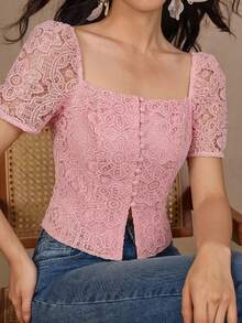DAZY Women's Solid Color Square Collar Front Button Elegant Short Sleeve Blouse Cute Tops Summer - Pink - View 3