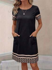 EMERY ROSE Vestido corto y mini casual y sencillo con estampado geométrico a cuadros retro, adecuado para vestido de verano elegante y casual - Negro - Ver 5
