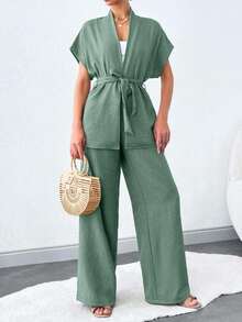 SHEIN Tall Solid Color Sleeveless Casual Summer Tall Women Two-Piece Set With Belt - Mint Green - View 5