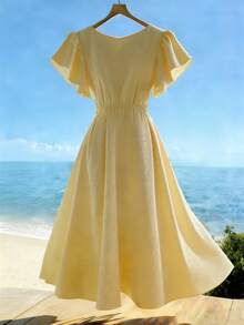 SHEIN PETITE Đầm chữ A ôm dáng cổ chữ V viền bèo nhún dành cho nữ, đầm maxi thời trang nghỉ dưỡng thường ngày, đầm hè phong cách Bohemian, đầm dài thường ngày, đầm màu vàng, đầm viền bèo nhún, đầm maxi thường ngày, đầm thanh lịch, đầm đi nghỉ mát, đầm lãng mạn thanh lịch, đầm dự tiệc thanh lịch, đầm dạ hội sang trọng, đầm dự lễ, trang phục nghỉ dưỡng biển, trang phục nghỉ dưỡng dành cho nữ, đầm dự lễ thanh lịch dành cho nữ, đầm maxi tay loe màu vàng nhạt. - Vàng nhạt - Xem 2