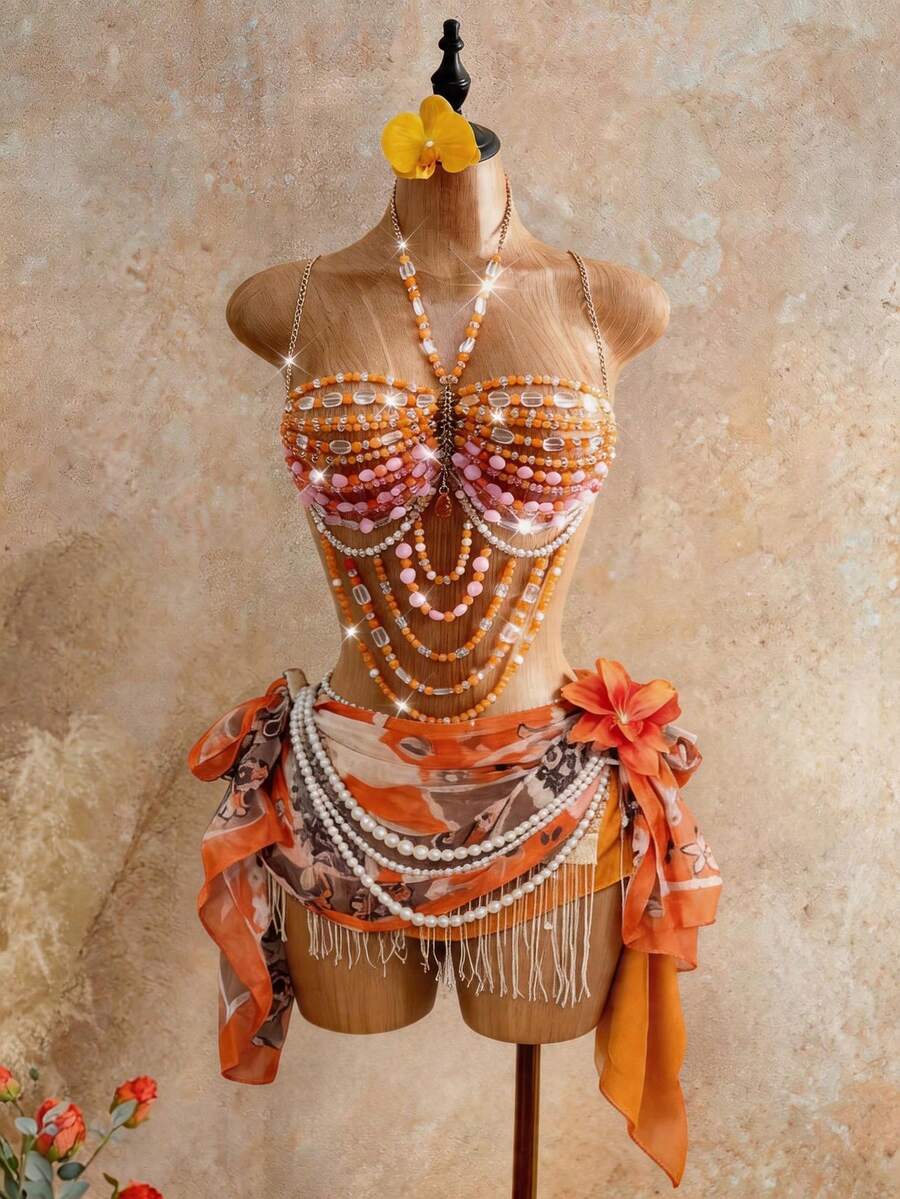 Mistrie 女士夏季度假吊带背心,女士夏季水晶串珠吊带背心,女士度假吊带背心 - 亮橙色 - 查看 1
