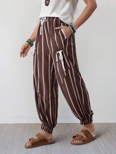 Wildy BOHO Casual Western Country Striped Color Block Women's Summer Basic Outfit Commute Pocket Lantern Pants