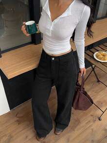 Siren Gaze Women's Solid Color Slant Pocket Casual Straight Leg Jeans Everyday Black Summer - Black - View 5
