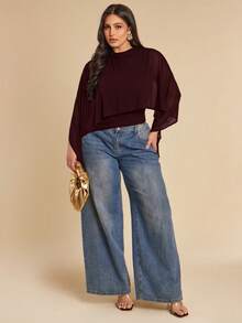 SHEIN BAE 大码女式喇叭袖短款斗篷上衣 - 紫紅色 - 查看 3