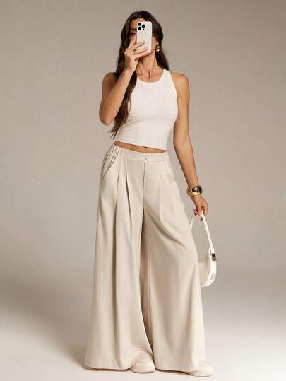 SHEIN Tall Women's Spring/Summer Fashion Casual Loose Comfortable Everyday Basic Versatile Slimming Elastic Waist Pleated Apricot Cropped Trousers/Skirts,Women Bottom,Summer Outfits,Work Pants,Simple Style,Wide-Leg Culottes