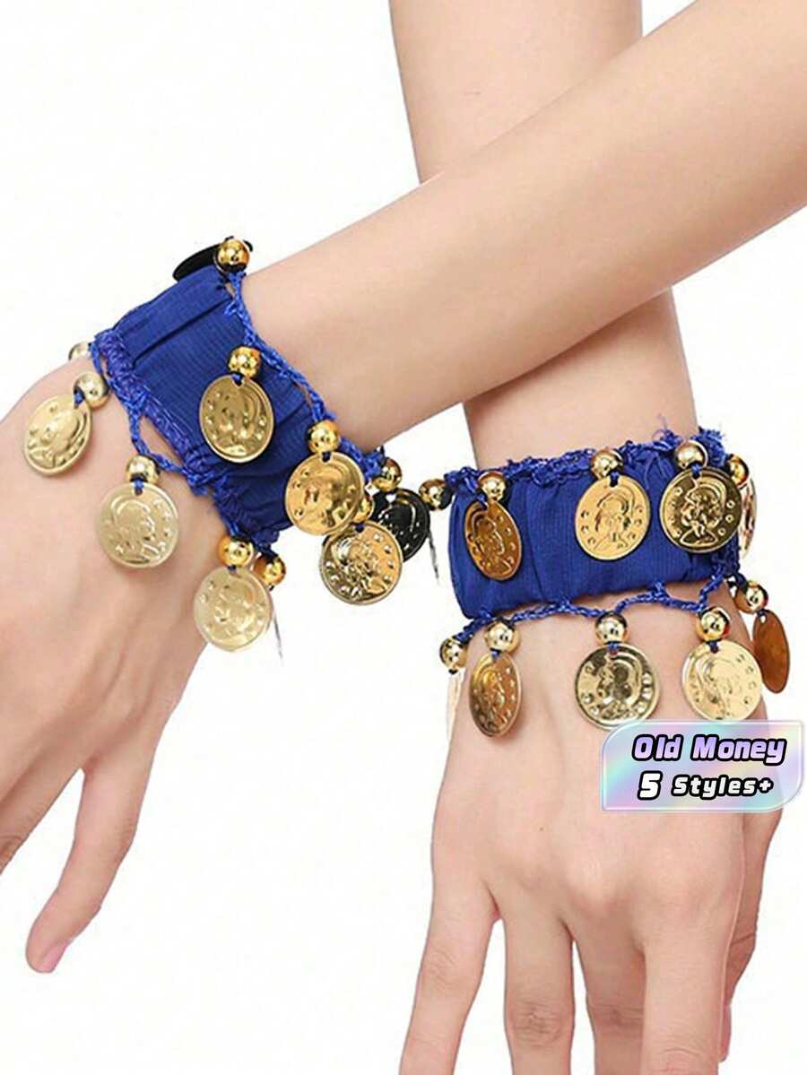1 Cặp vòng tay kim loại hình đồng xu dành cho múa bụng, vòng đeo tay và mắt cá chân bằng vải chiffon hình đồng xu. Phụ kiện múa bụng hình đồng xu. - Nhiều màu - Xem 1