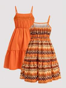 SHEIN Sparklyn Đầm không tay màu cam trơn cho bé gái tuổi teen, viền bèo nhún, họa tiết hình học cổ điển. Cả hai chiếc đầm đều phù hợp cho bé gái, chiếc đầu tiên có màu cam trơn sạch sẽ với viền bèo nhún mềm mại, còn chiếc thứ hai có họa tiết hình học cổ điển nhiều lớp màu cam, nâu, be và đen, mang hơi hướng cổ điển, hoàn hảo cho mùa xuân. - Màu Cam cháy - Xem 2