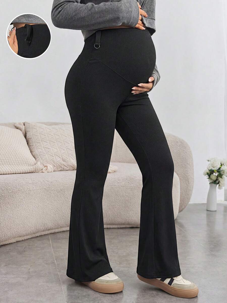 SHEIN Pantalones casuales y versátiles de uso diario con cintura ajustable para maternidad de unicolor - Negro - Ver 1