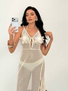 SHEIN Women's Sexy Beige Mesh Sheer Camisole Dress, Beach Party Cover Up For Swimsuit, Vacation Wear Summer - Beige - View 1