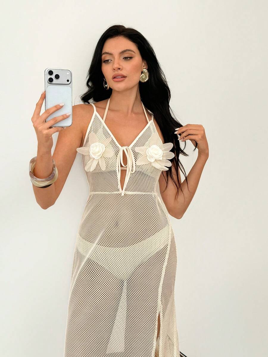 SHEIN Women's Sexy Beige Mesh Sheer Camisole Dress, Beach Party Cover Up For Swimsuit, Vacation Wear Summer - Beige - View 1