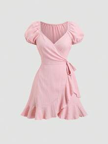 Sweetra Women's Elegant Sweet Tie-Waist Asymmetric Ruffle Hem Dress - Pink - View 1
