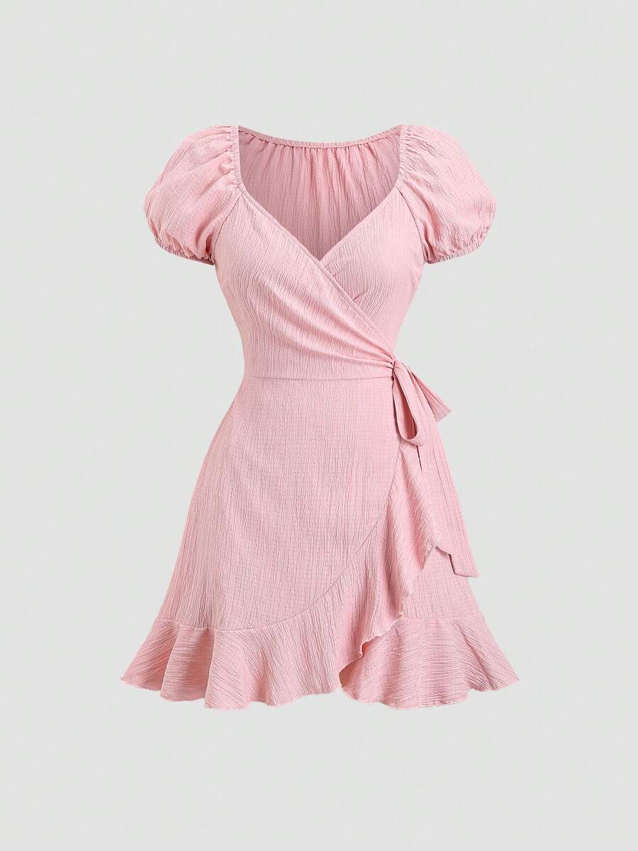 Sweetra Women's Elegant Sweet Tie-Waist Asymmetric Ruffle Hem Dress - Pink - View 1