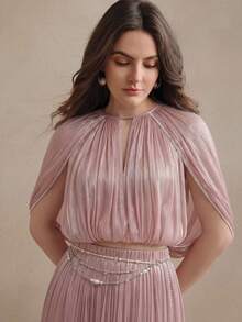Anewsta Women's Solid Color Pleated Cape Sleeve Elegant Blouse - Dusty Pink - View 2