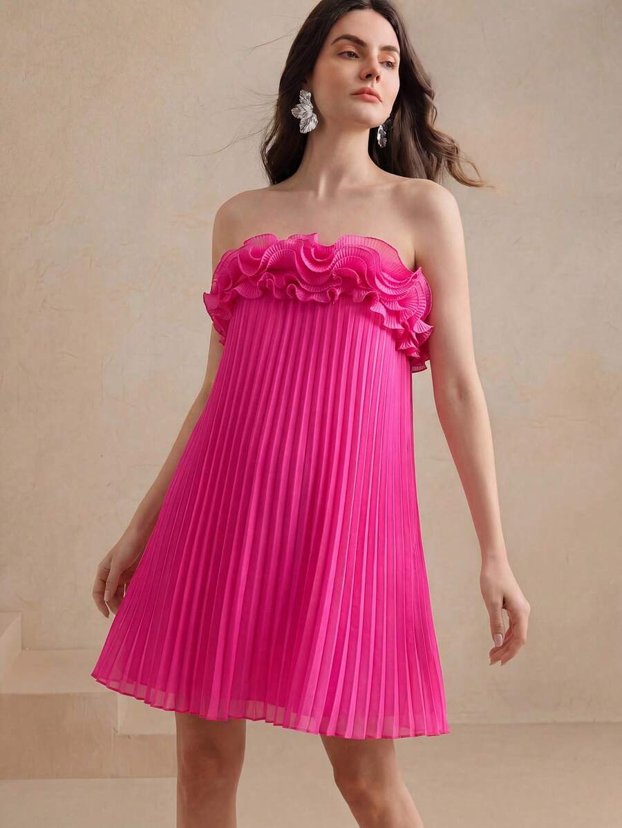 Anewsta Đầm ngắn cúp ngực xếp ly viền bèo nhún mới cho mùa xuân/hè, đầm dạ hội gợi cảm. - Hồng - Xem 1