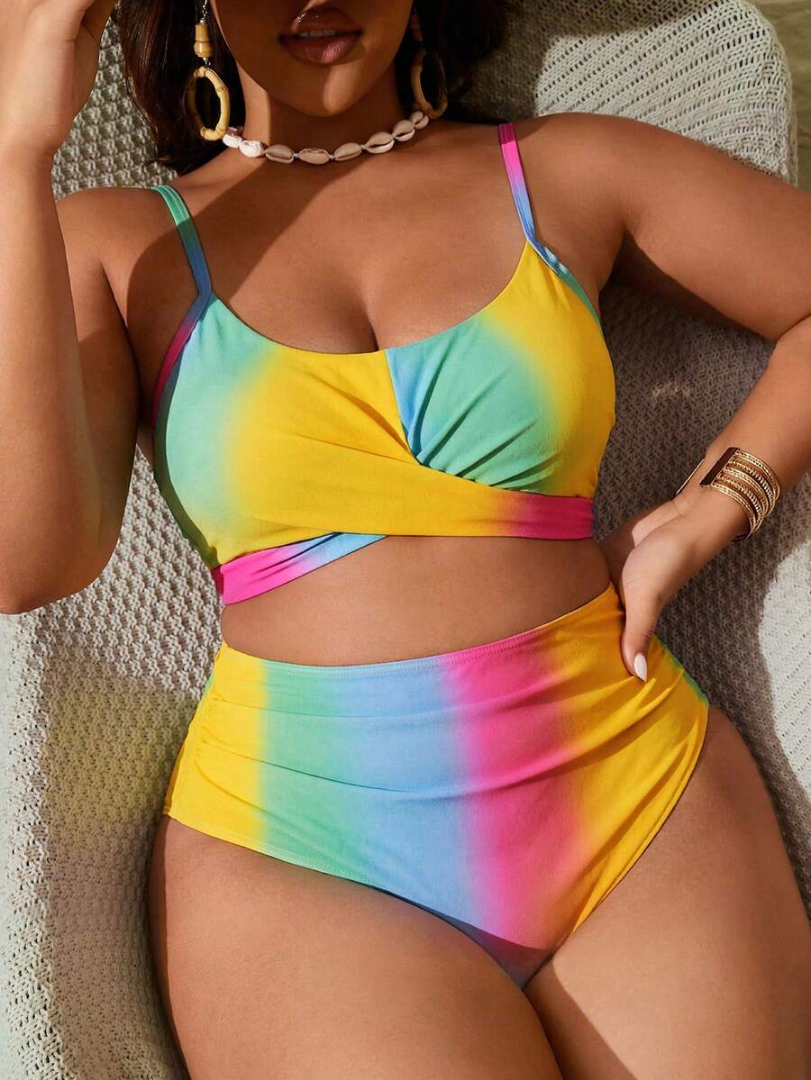 Slaydiva Conjunto de tankini de traje de baño con pliegues cruzados en degradado de talla grande - Multicolor - Ver 1