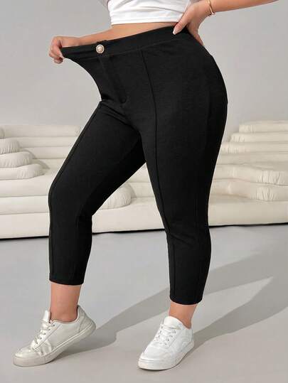 Solflare Spring/Summer New Casual Everyday Wear, Suitable For Parties, Commuting, Weddings, Music Festivals, Thanksgiving, Teacher's Day, Back To School, Graduation, Beach Vacations, Street Style, Exploring Shops, City Walks, Multi-Occasion Wear, Can Be Worn Outerwear Or Layered, Elastic Waistband, Back Patch Pockets, Stretchy Fabric, 7/8 Length Pants, Black, Plus Size
