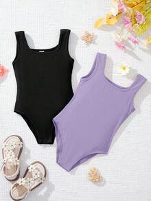 SHEIN Set de 2 piezas Mono de punto de unicolor para niña, estilo urbano, primavera/verano - Multicolor - Ver 1