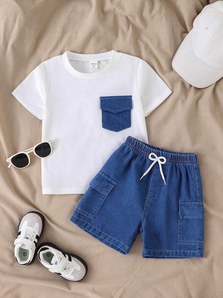 Toddler Boys' Summer 2-Piece Set,Simple White Round Neck Short Sleeve T-Shirt & Casual Denim Cargo Shorts,Versatile Outfit For Kindergarten & Outing - White - View 1