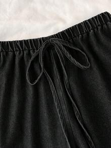 Comfortcana 女士时尚百搭系带荷叶边下摆无袖上衣搭配休闲抽绳腰长裤牛仔套装 - 黑色 - 查看 6