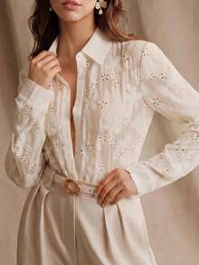 Anewsta Blusa de manga larga elegante y delicada con bordado jacquard para mujer - Albaricoque - Ver 8