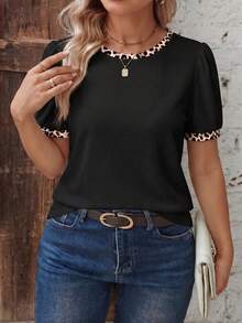 EMERY ROSE Fashionable Casual Retro Collar + Cuff Patchwork Leopard Print Plus Size Black Round Neck Puff Sleeve Design Plus Size T-Shirt - Multicolor - View 3