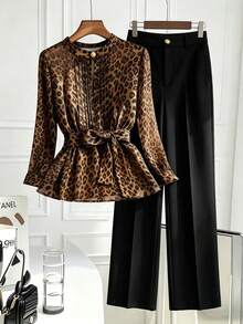 GlowEve CURVE Plus Size Leopard Print Chiffon Crew Neck Blouse&Black Straight-Leg Pant Two Pieces Set,Metal Button,Elegant Office Wear,Dinner,Casual Daily,Autumn - Multicolor - View 3
