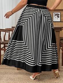 SHEIN CURVE+ Váy chữ A dáng rộng kẻ sọc dành cho nữ cỡ lớn, thích hợp mặc đi làm. - Đen và trắng - Xem 9