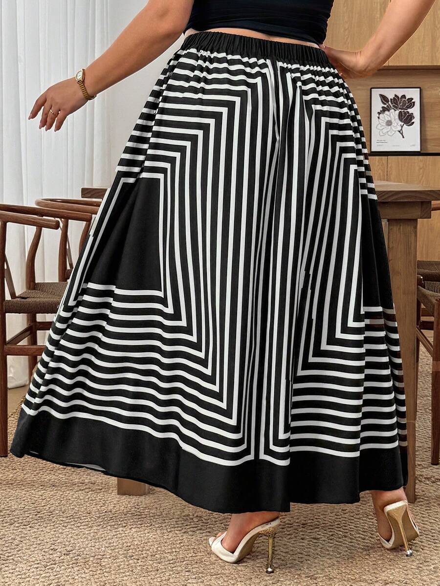 SHEIN CURVE+ Plus Size Women Striped Casual Commute A-Line Loose Skirt - Black and White - View 1
