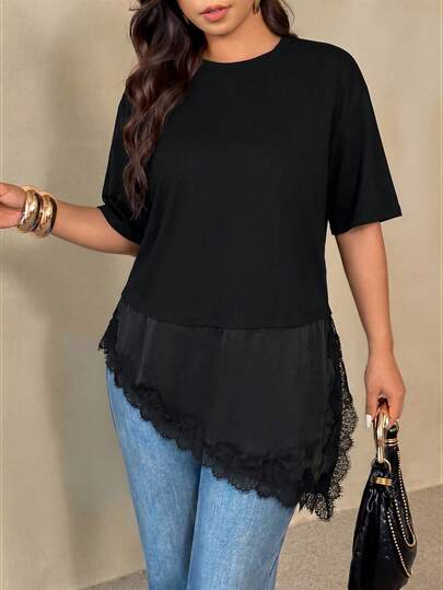 Auralis Plus Size Women's Solid Color Round Neck Short Sleeve Asymmetric Hem Casual T-Shirt Black T-Shirt For Women Casual Going Out T-Shirt For Women Lace Trim T-Shirt For Women