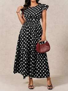 SHEIN LUNE Plus Size Round Neck Brown Polka Dot Dress With Ruched Waist Gym Summer - Black - View 3