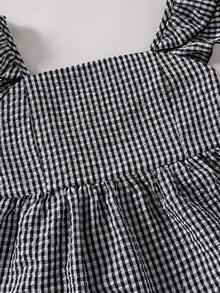 SHEIN Bộ 2 món cho bé gái, gồm áo hai dây dệt kẻ caro có thêu viền và quần ống đứng dệt kẻ caro, trang phục mùa hè thích hợp cho mặc hàng ngày, đi nghỉ mát và dã ngoại. - màu đen - Xem 6