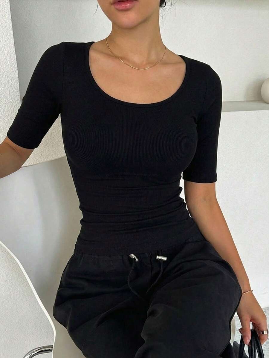 DAZY 女士休闲纯色修身短袖T恤 夏季 - 黑色 - 查看 1