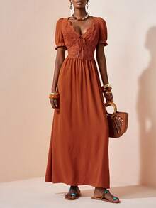 Zivah Đầm dài tay phồng bằng vải lanh kiểu Bohemian giản dị, thanh lịch, phối ren tương phản, kiểu dáng đi biển, thích hợp cho kỳ nghỉ hè, năm 2026. Đầm dài màu kaki, kiểu dáng Bohemian duyên dáng, thích hợp cho kỳ nghỉ. - Màu Cam san hô - Xem 9