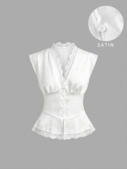 SHEIN MOD Áo sơ mi satin phối ren dành cho nữ