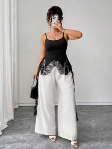 Calvaya Große Größen Elegantes Spitzen-Patchwork-Top mit Rüschen in Jellyfish-Form für Damen, gestricktes ärmelloses Top für Frühling/Sommer, vielseitig einsetzbar für Büro, Urlaub, Feiertage, Partys, Dates, Hochzeiten und Outdoor-Anlässe - Schwarz - Übersicht 2