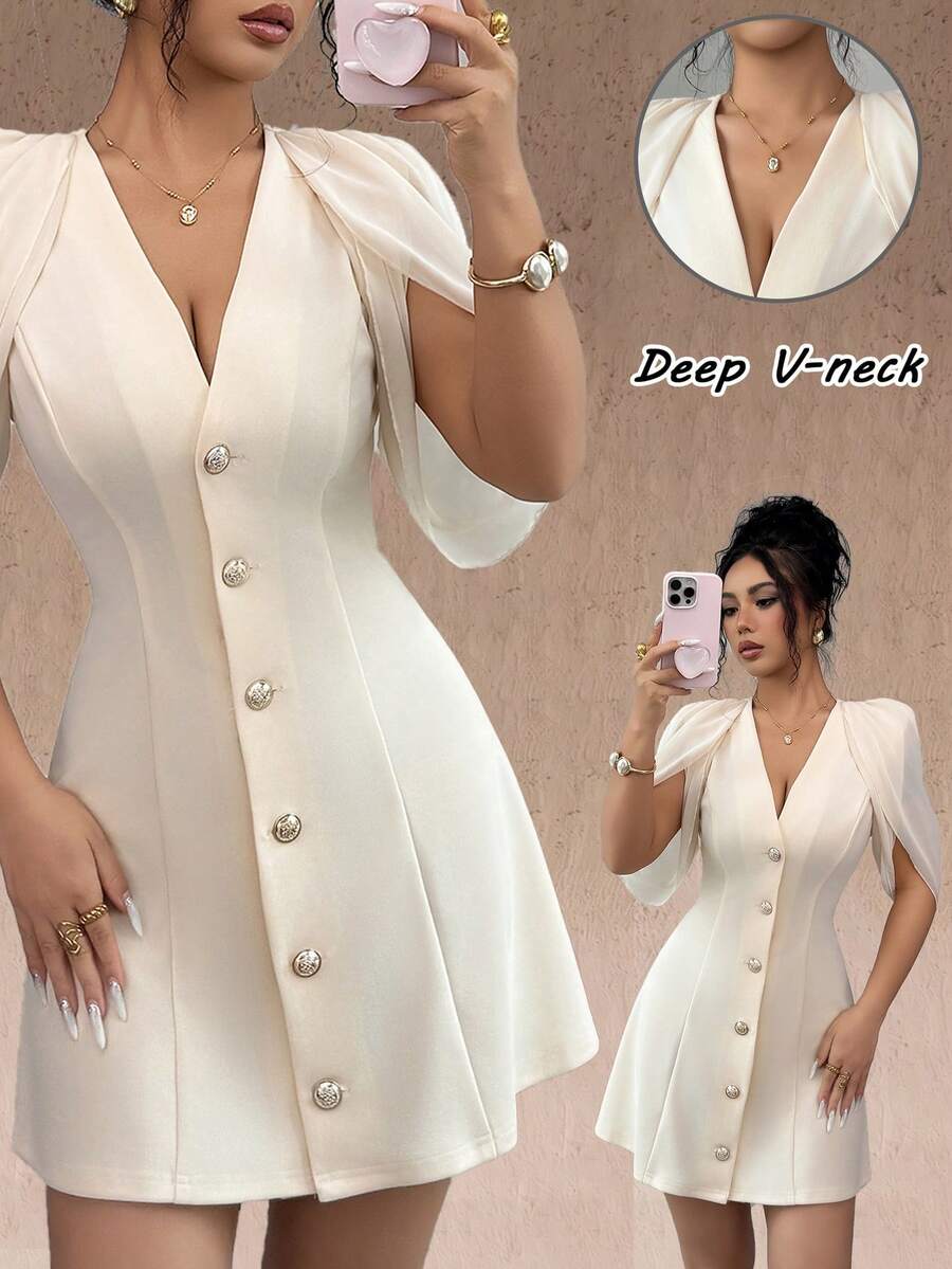 Elenzga Vestido elegante y romántico para mujer con cuello en V y línea A, hecho de tela de patchwork - Albaricoque - Ver 1