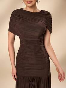 Serin Mother Of The Bride Solid Color Pleated Elegant Formal Waist Wedding Evening Party Dress Shades Of Brown Spring - Mocha Brown - View 5
