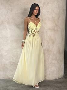 Aloruh Đầm chiffon ôm dáng thanh lịch dành cho nữ, viền ren tan trong nước, màu vàng nhạt. - Vàng nhạt - Xem 4