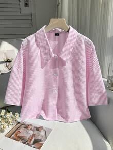 Comfortcana Plus Size Women Plaid Drop Shoulder Single-Breasted Casual Shirt - Pink - View 1