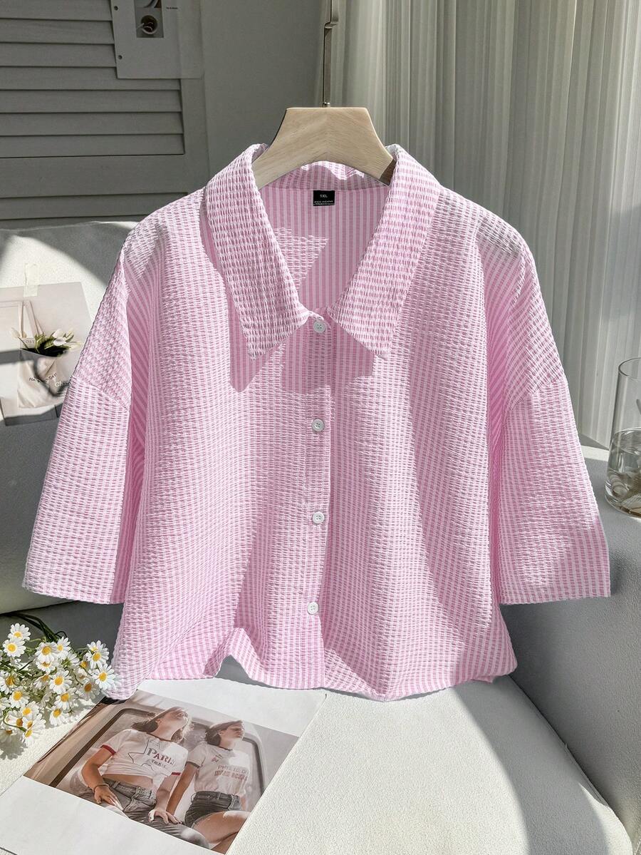 Comfortcana Plus Size Women Plaid Drop Shoulder Single-Breasted Casual Shirt - Pink - View 1