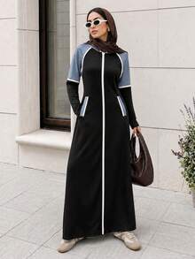 Solavon Women's Casual Contrast Piping Slant Pocket Zipper Front Hooded Arabian Modest Long Sleeve Dress Sporty Dresshooded Dress Black - Black - View 1