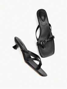 Alvarani Slightly Large Size Soft Leather Square Toe Sandals, Kitten Heel Flip-Flops, Versatile Fine Heel Open Toe Thong Sandals For Women, Summer New Arrivals - Black - View 11