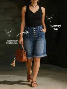 EMERY ROSE Pantalones cortos vaqueros sueltos de mujer para el verano con bolsillos en diagonal, dobladillo enrollado y lavado - Azul lavado medio - Ver 7