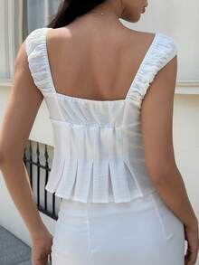 DAZY Blusa de verano elegante para mujer de unicolor con cintura ajustada y bajo plisado para vacaciones - Blanco - Ver 2