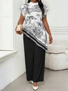 SHEIN Lady Chic Plus Size Women Black And Scenic Print Asymmetrical Blouse - Black - View 1