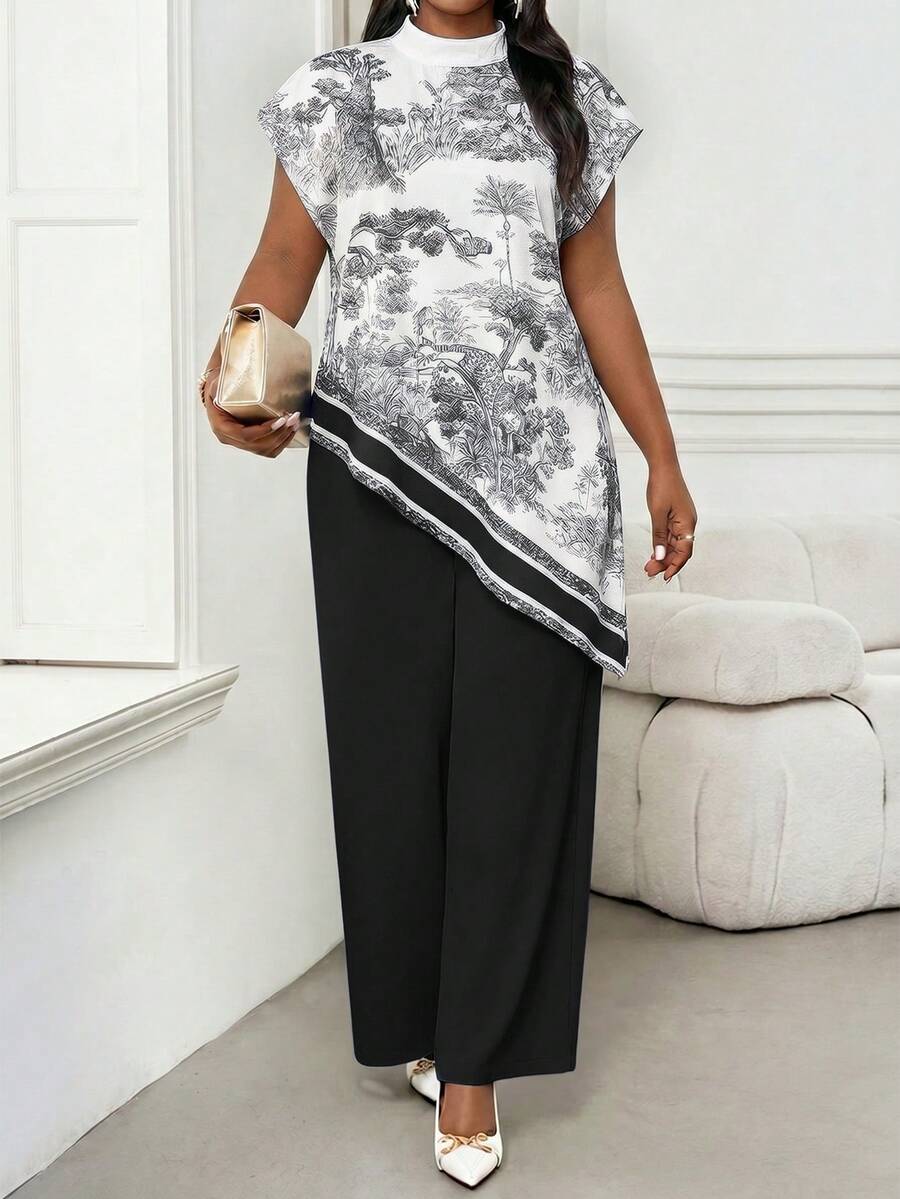 SHEIN Lady Chic Plus Size Women Black And Scenic Print Asymmetrical Blouse - Black - View 1